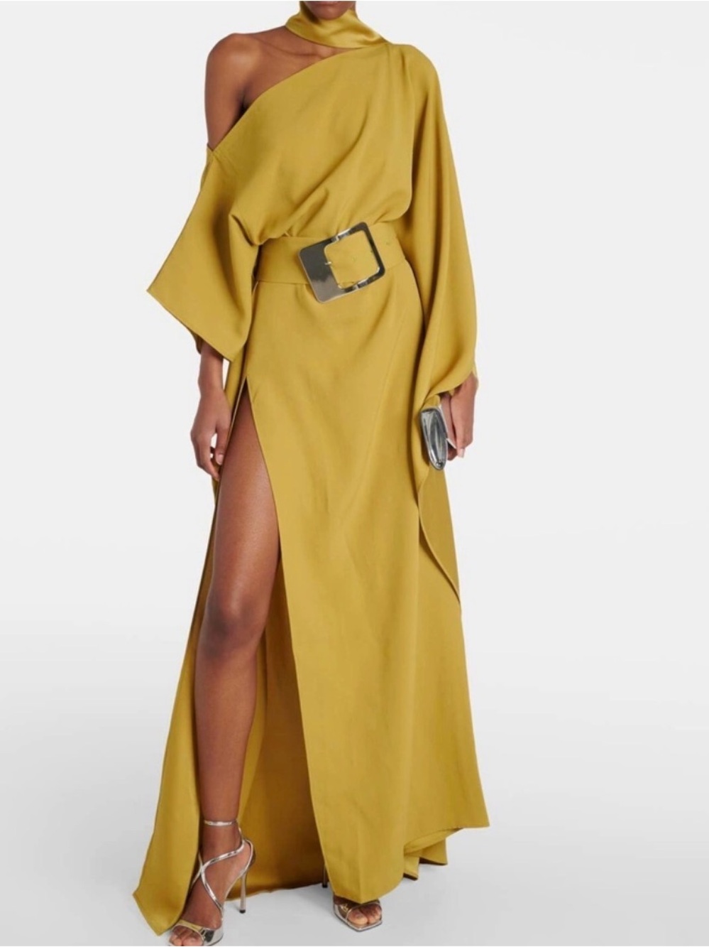 One-Shoulder Maxi Dress with Statement Belt in Mustard